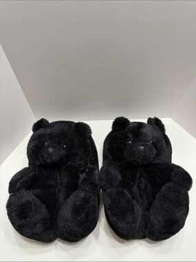 Black Plush Bear Slippers